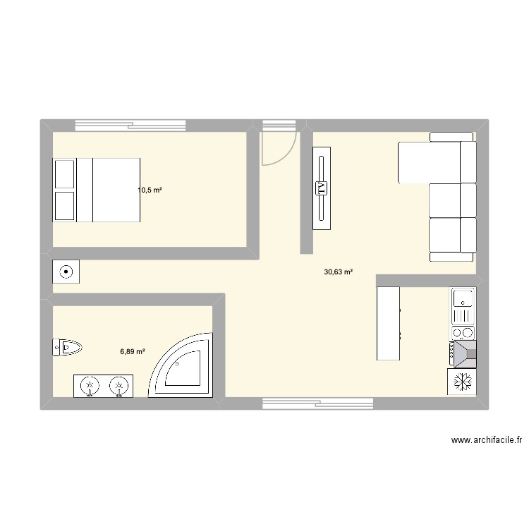 TPVC. Plan de 3 pièces et 48 m2