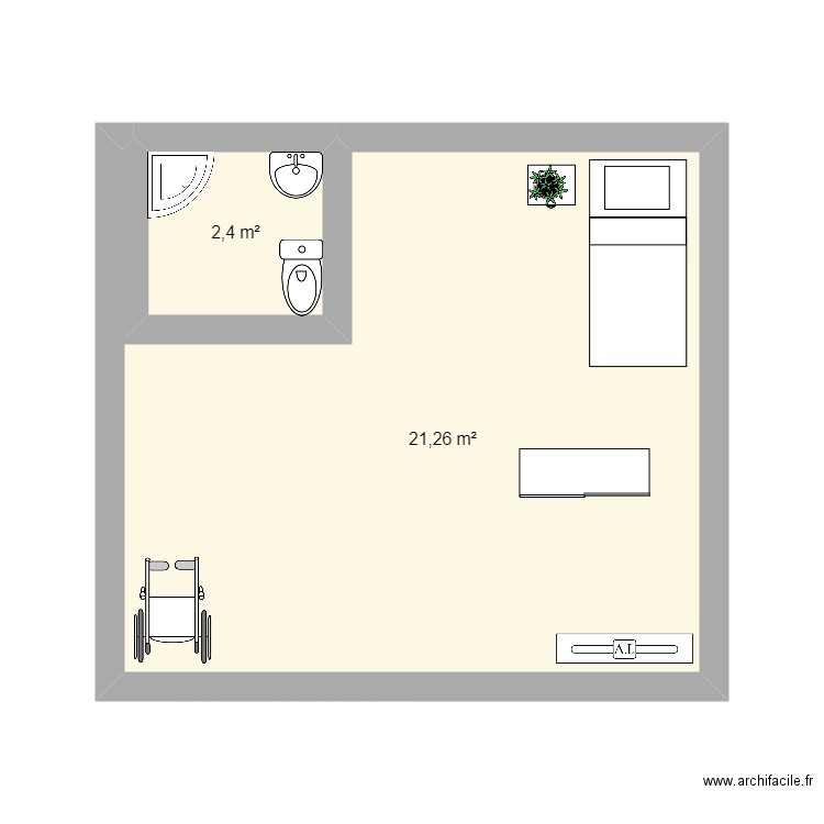 chambre. Plan de 2 pièces et 24 m2