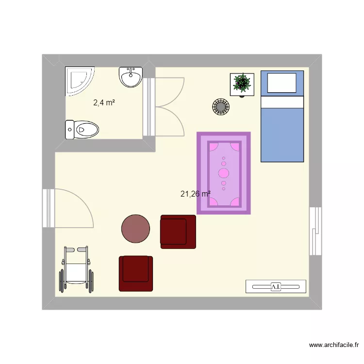 chambre. Plan de 2 pièces et 24 m²