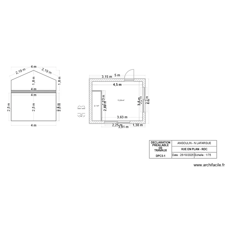 Abris bois d&eacute;claration pr&eacute;alable Angoulin-VUE EN PLAN-010326. Plan de 2 pièces et 15 m²