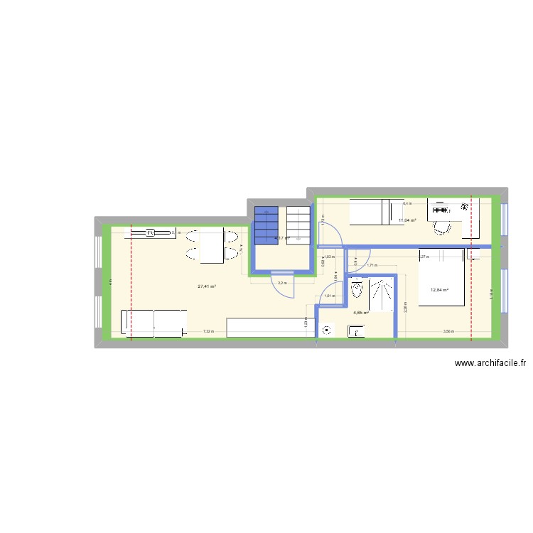 2eme étage. Plan de 5 pièces et 60 m2