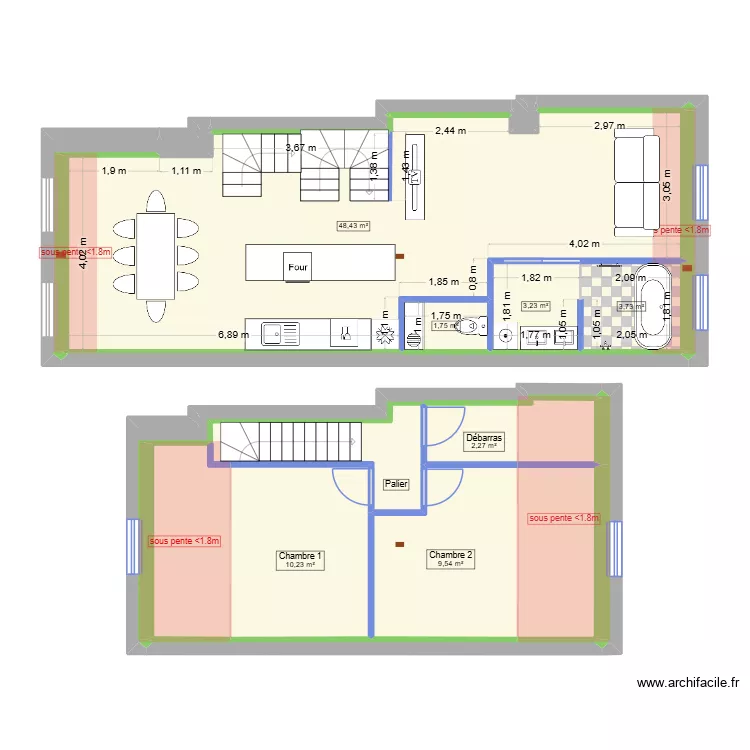 2eme &eacute;tage. Plan de 22  et 100 m²