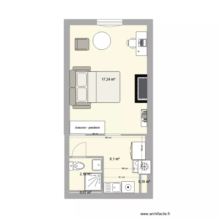 Studio canap&eacute; lit. Plan de 5 Pièces et 26 m²