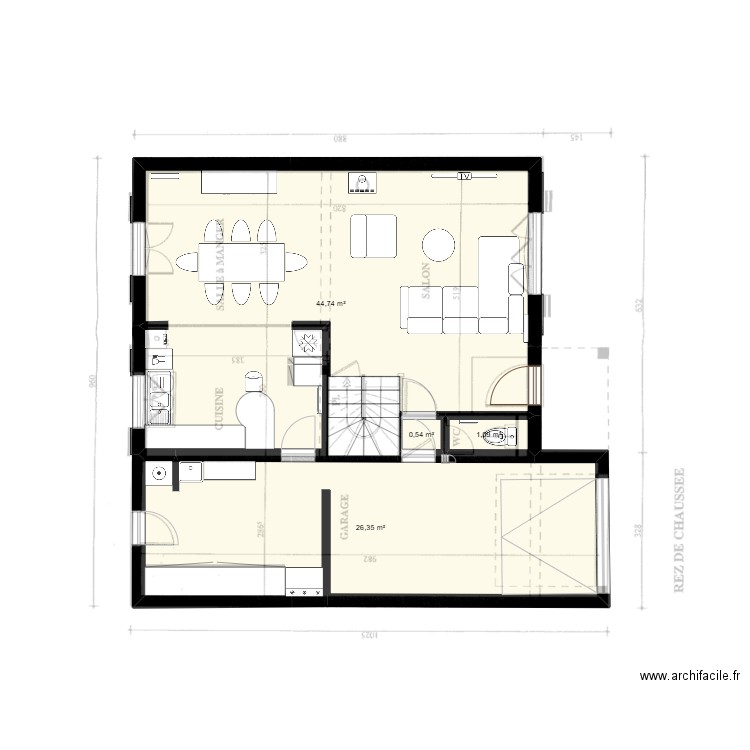 RdC. Plan de 4 pièces et 73 m2