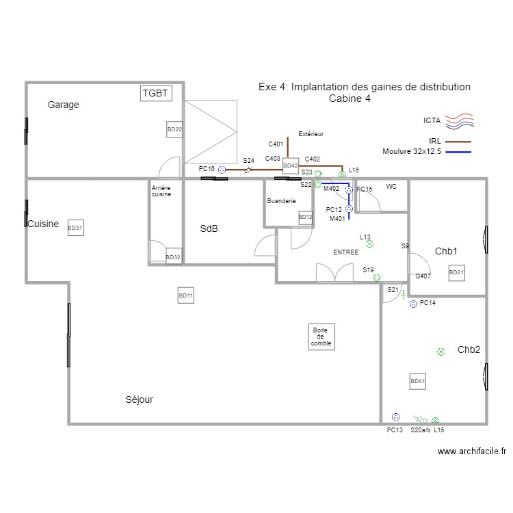 B1M2Op02-02Exe4Cab4Distrib. Plan de 9 pièces et 171 m2