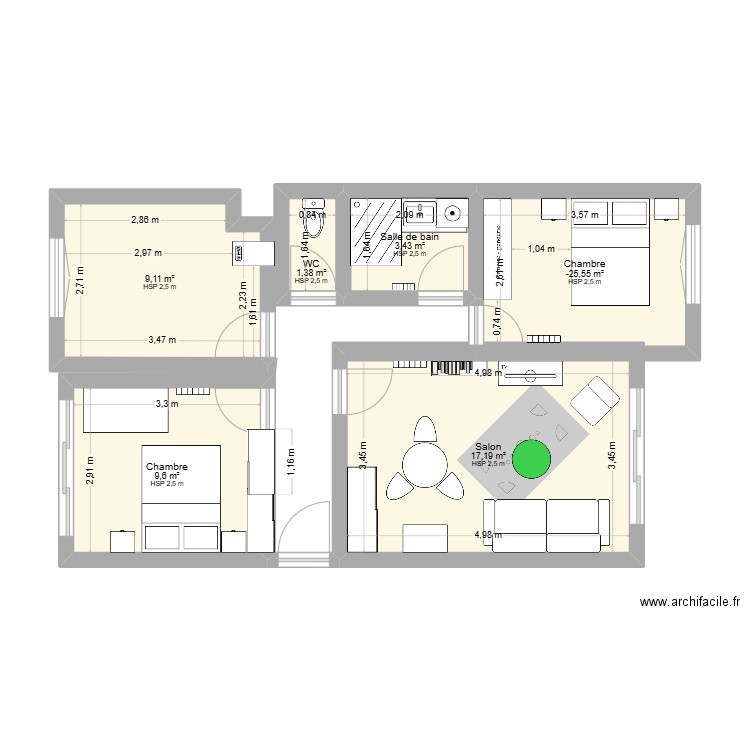 Appart entier MEUBLES. Plan de 6 pièces et 50 m2