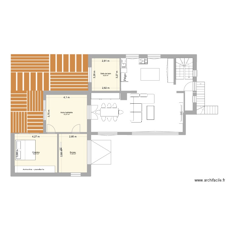 Rdc. Plan de 4 pièces et 52 m2
