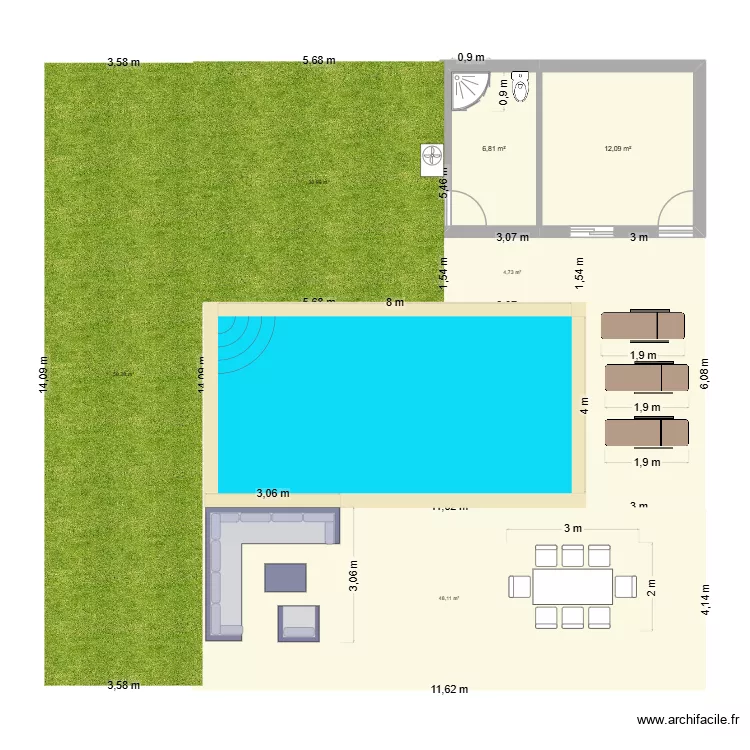 Plan exterieur piscine. Plan de 2 et 19 m² Plan exterieur piscine. Plan de 2 et 19 m²