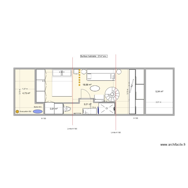 Jardini V2. Plan de 5 pièces et 33 m2