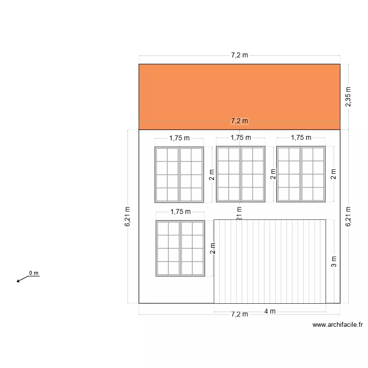 Facade Garage et cotations  porte 4 et 3 fenetre. Plan de 