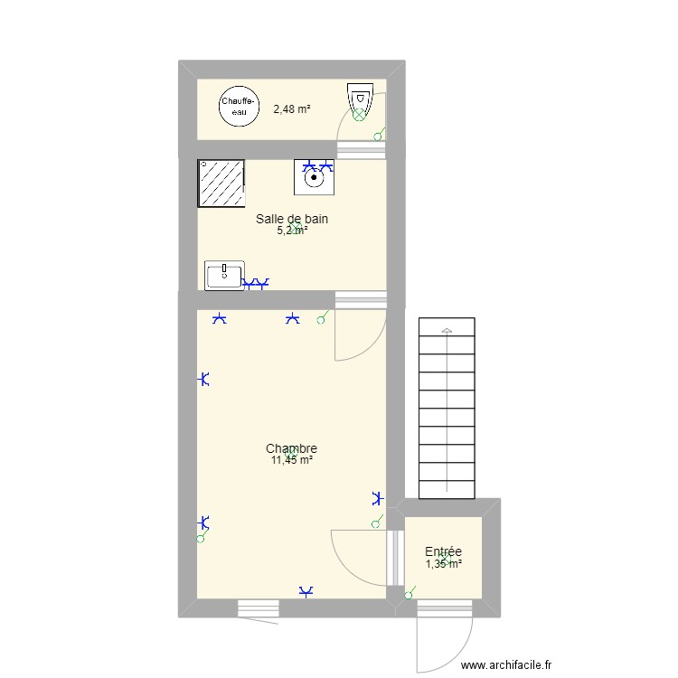 SDB et chambre. Plan de 4 pièces et 20 m2