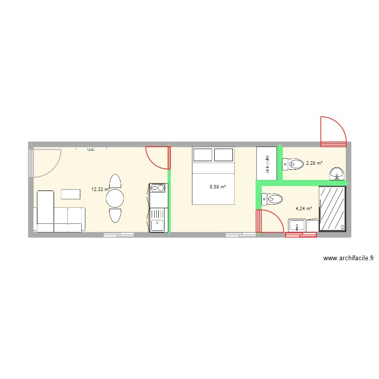 RBNB. Plan de 4 pièces et 27 m2