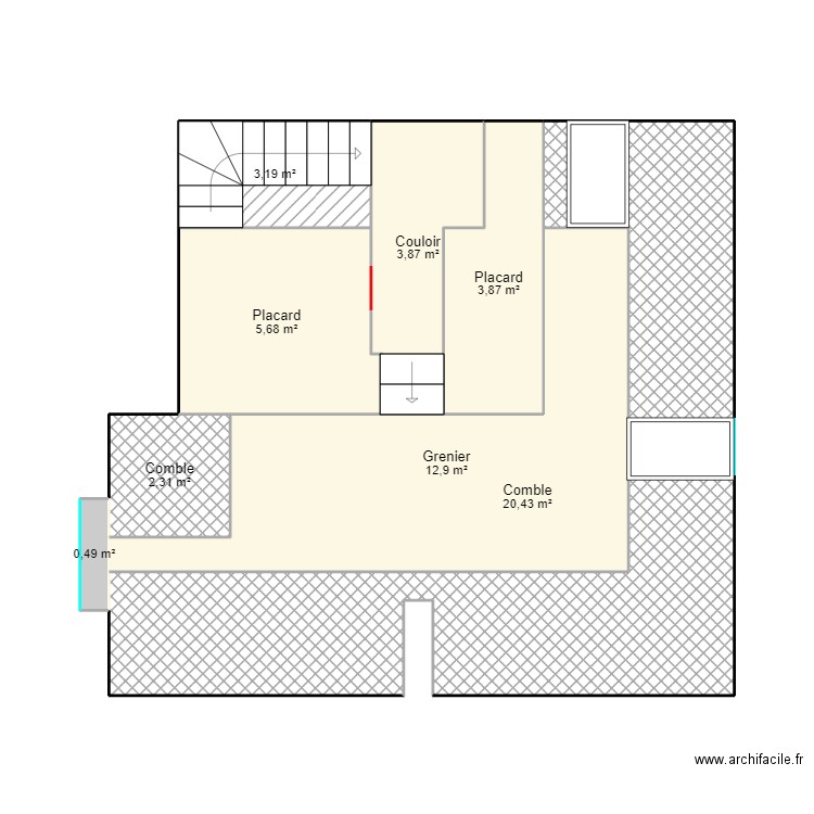 2e étage maison VOSSEM. Plan de 8 pièces et 53 m2