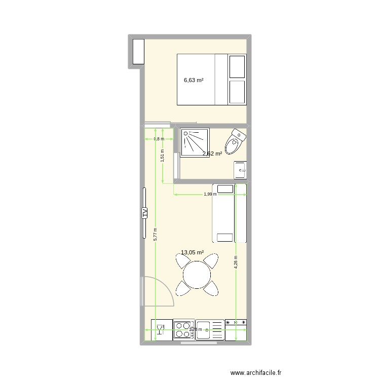 appartement melo. Plan de 3 pièces et 22 m2