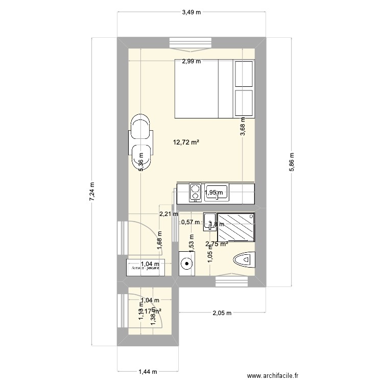 Condorcet. Plan de 3 pièces et 17 m2