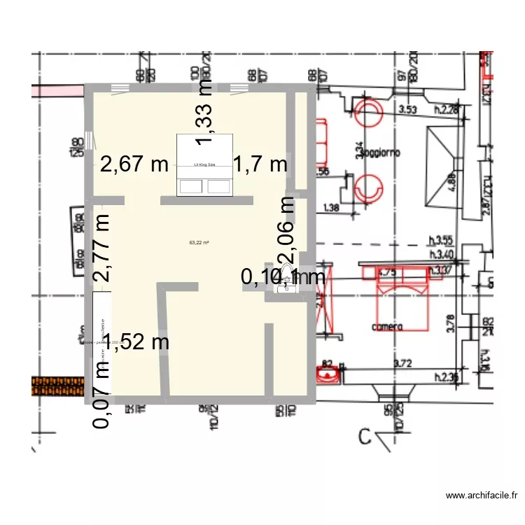 chambre v1. Plan de 1 pièce et 63 m²