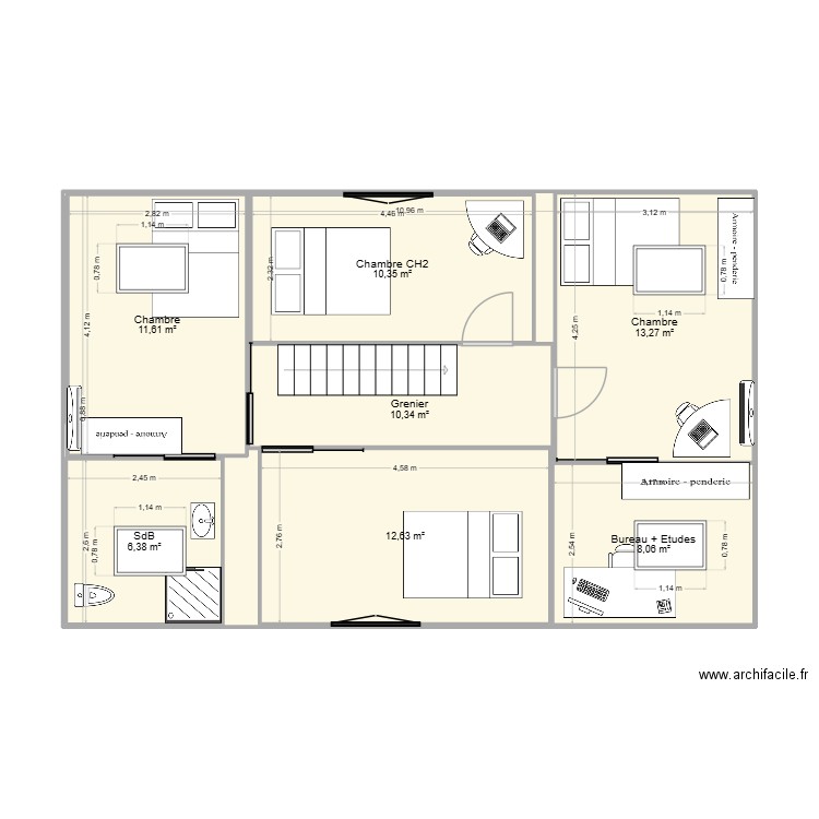 Chambres_Grenier Projet 3 Option 2. Plan de 7 pièces et 138 m2