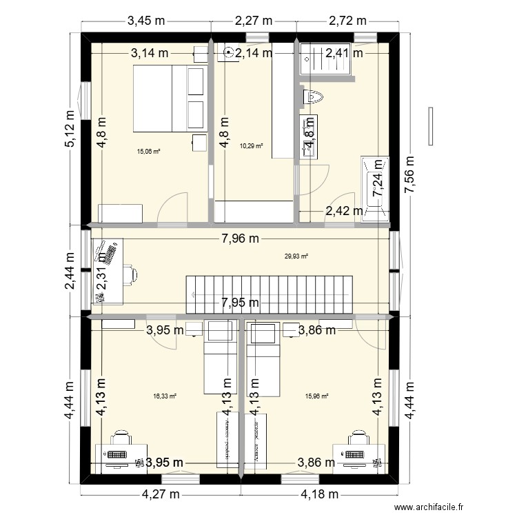 462 haut. Plan de 5 pièces et 88 m2