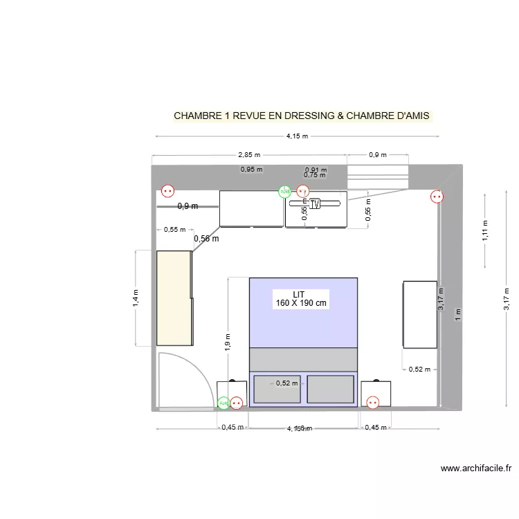 CHAMBRE 1 tr&eacute;amenagee en  chambre parentale avec prises diff&eacute;rentes. Plan de 