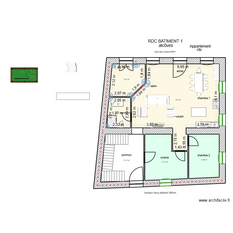 RDC Bâtiment 1 grand salon sud. Plan de 6 pièces et 111 m2