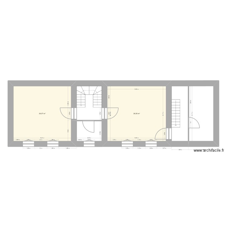 Etage vide. Plan de 2 pièces et 57 m2