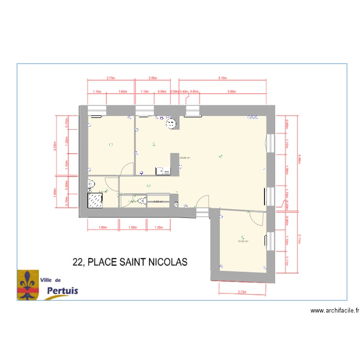 Voltaire. Plan de 5 pièces et 65 m2