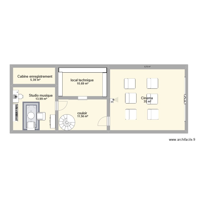 Sous sol. Plan de 6 pièces et 77 m2