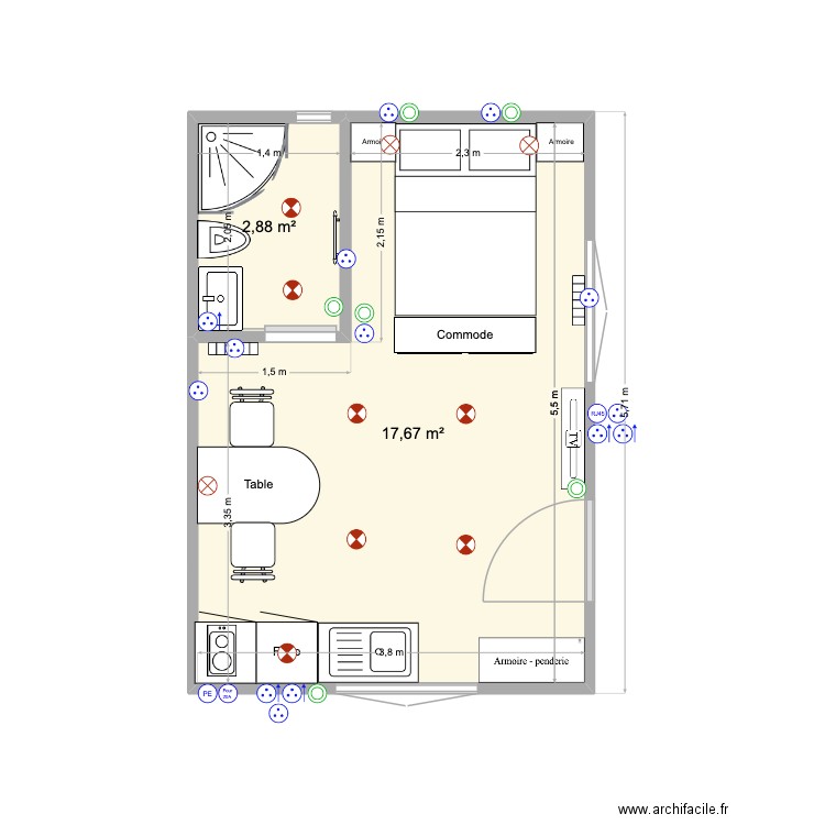 Chalet RDC. Plan de 2 pièces et 21 m2