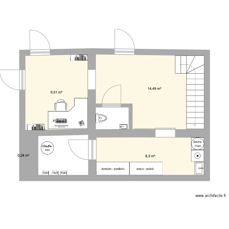 Section Barro V5. Plan de 4 pièces et 33 m2