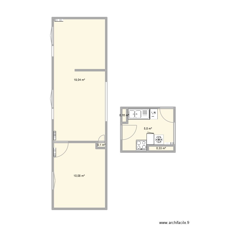 Cuisine MKF. Plan de 6 pièces et 36 m2