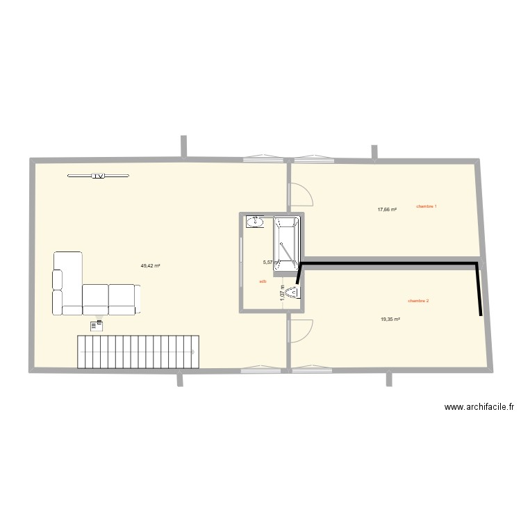 Niveau 2. Plan de 4 pièces et 92 m2