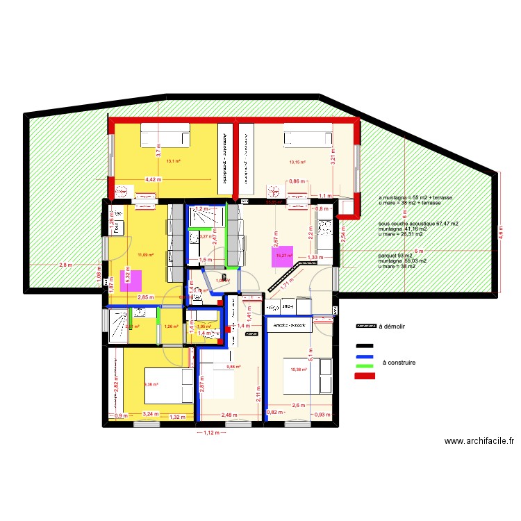 1er étage gîtes salon dans extension bis. Plan de 15 pièces et 149 m2