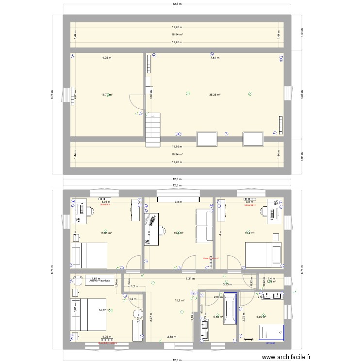 1er etage et combles. Plan de 12 pièces et 177 m2