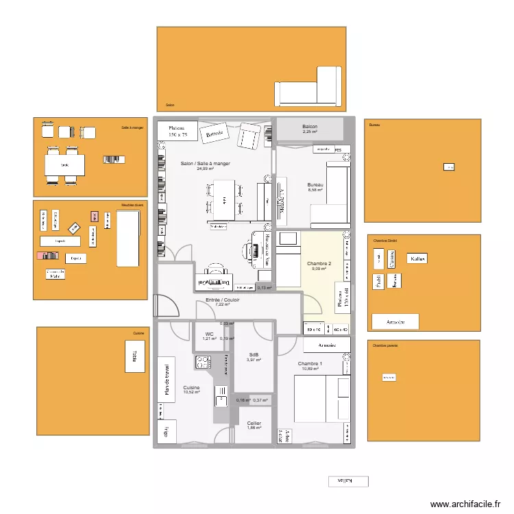 Am&eacute;nagement pi&egrave;ces 2. Plan de 15  et 81 m²