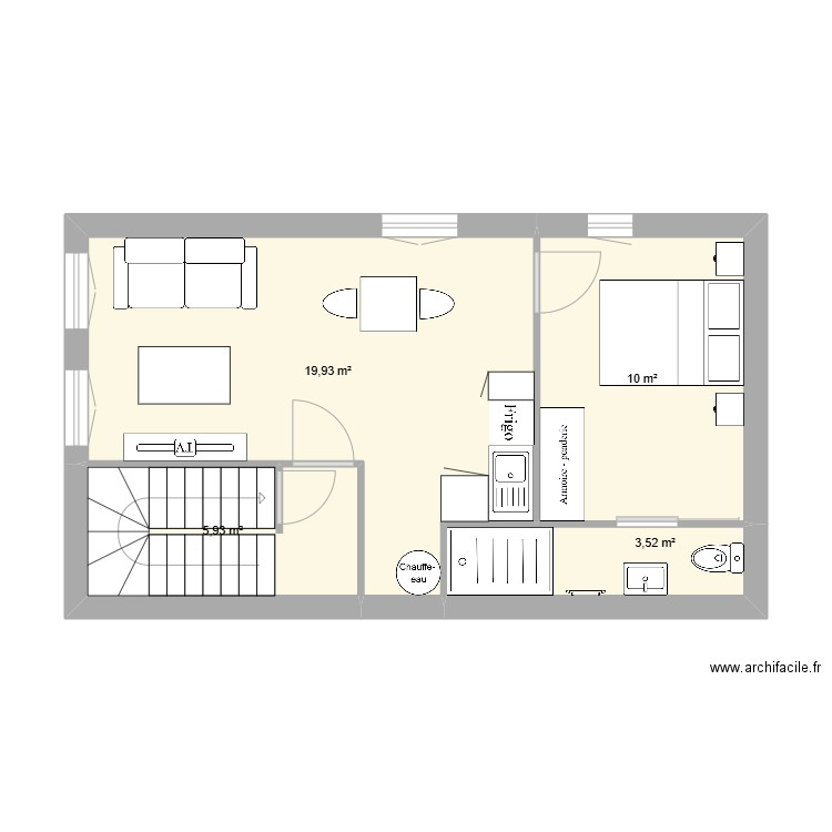 Joigny R+1. Plan de 4 pièces et 39 m2