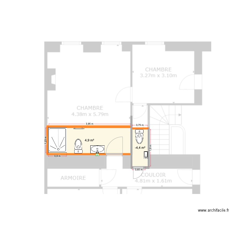 DE CHERGE SDE 1. Plan de 2 pièces et 6 m2