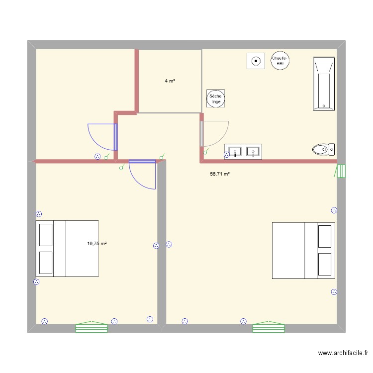 2ème étage. Plan de 3 pièces et 80 m2