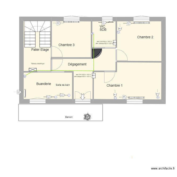 distribution alim V2. Plan de 14 pièces et 124 m2