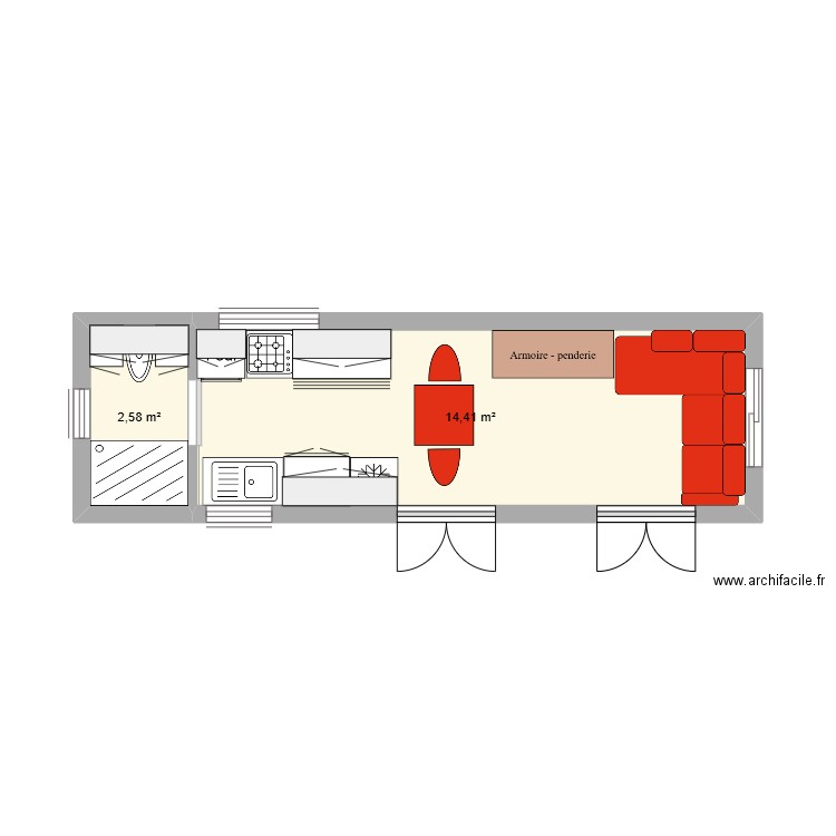 ma tiny sans terrasse. Plan de 2 pièces et 17 m2