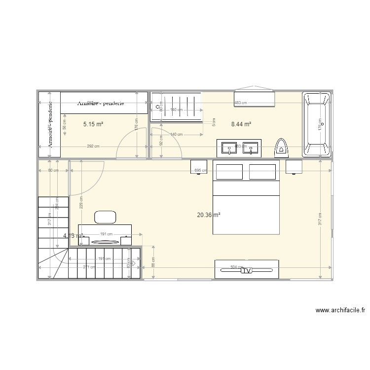 chambre etage. Plan de 4 pièces et 38 m2