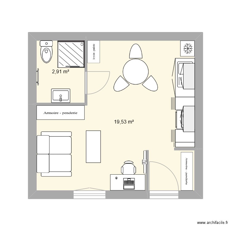 RDC. Plan de 2 pièces et 22 m2