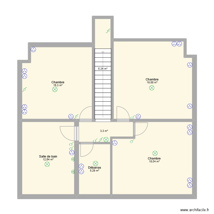 Etage chambre. Plan de 7 pièces et 81 m2