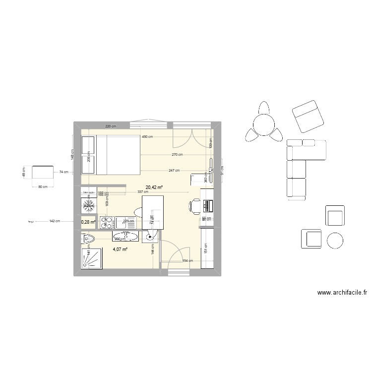 Saint Pierre 3. Plan de 3 pièces et 25 m2