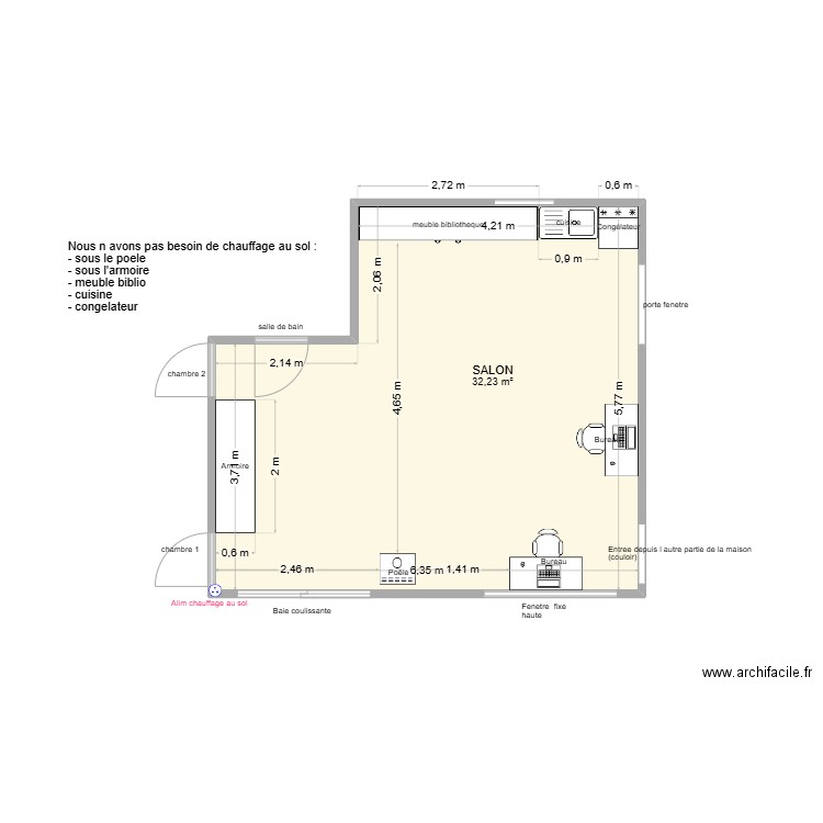 Salon Californie. Plan de 1 pièce et 32 m2