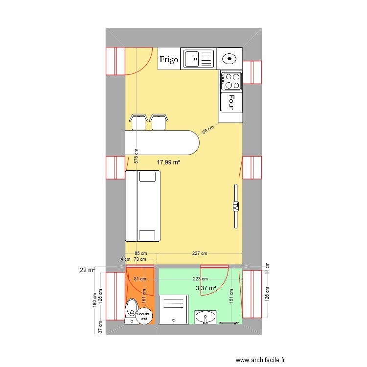 Studio aménagé cité Henri. Plan de 3 pièces et 23 m2