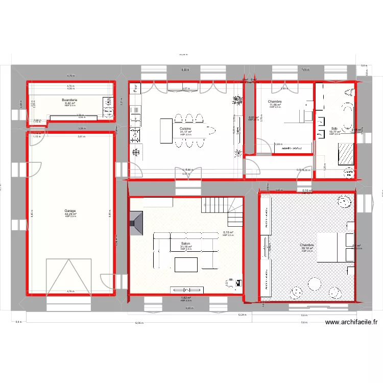 Rdc avec meuble. Plan de 15  et 168 m²