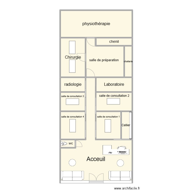 clinique vétérinaire . Plan de 14 pièces et 111 m2