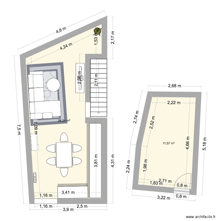 aménagement. Plan de 2 pièces et 38 m2