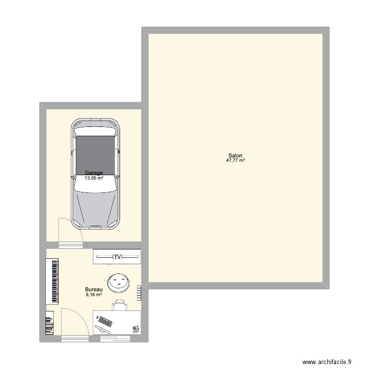 Bureau garage toute largeur. Plan de 3 pièces et 71 m2