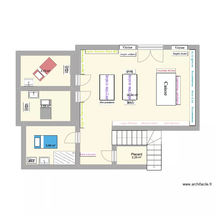 magasin. Plan de 5  et 48 m²